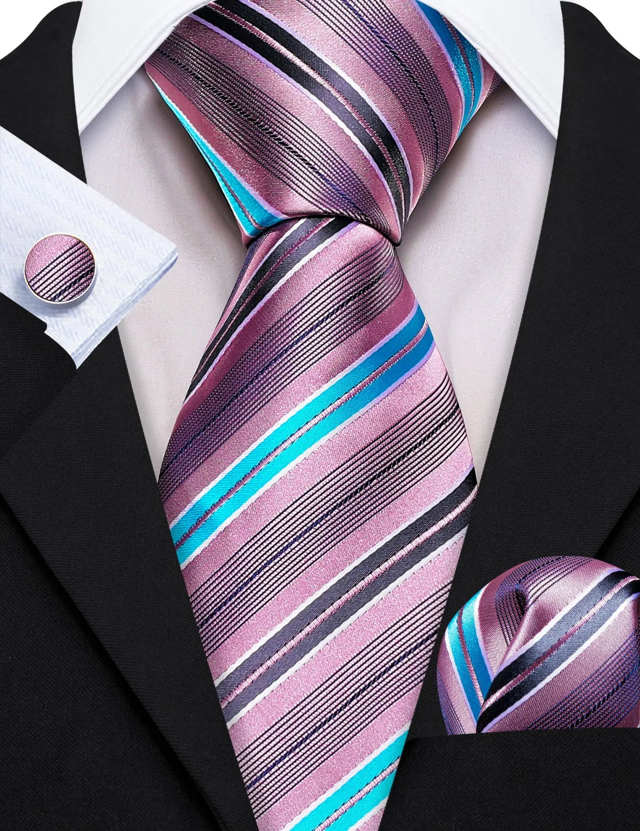 Barry Wang Pink Tie Blue Grey Stripes Silk Necktie Hanky Cufflinks Set sold by Barrywang product image thumbnail 2