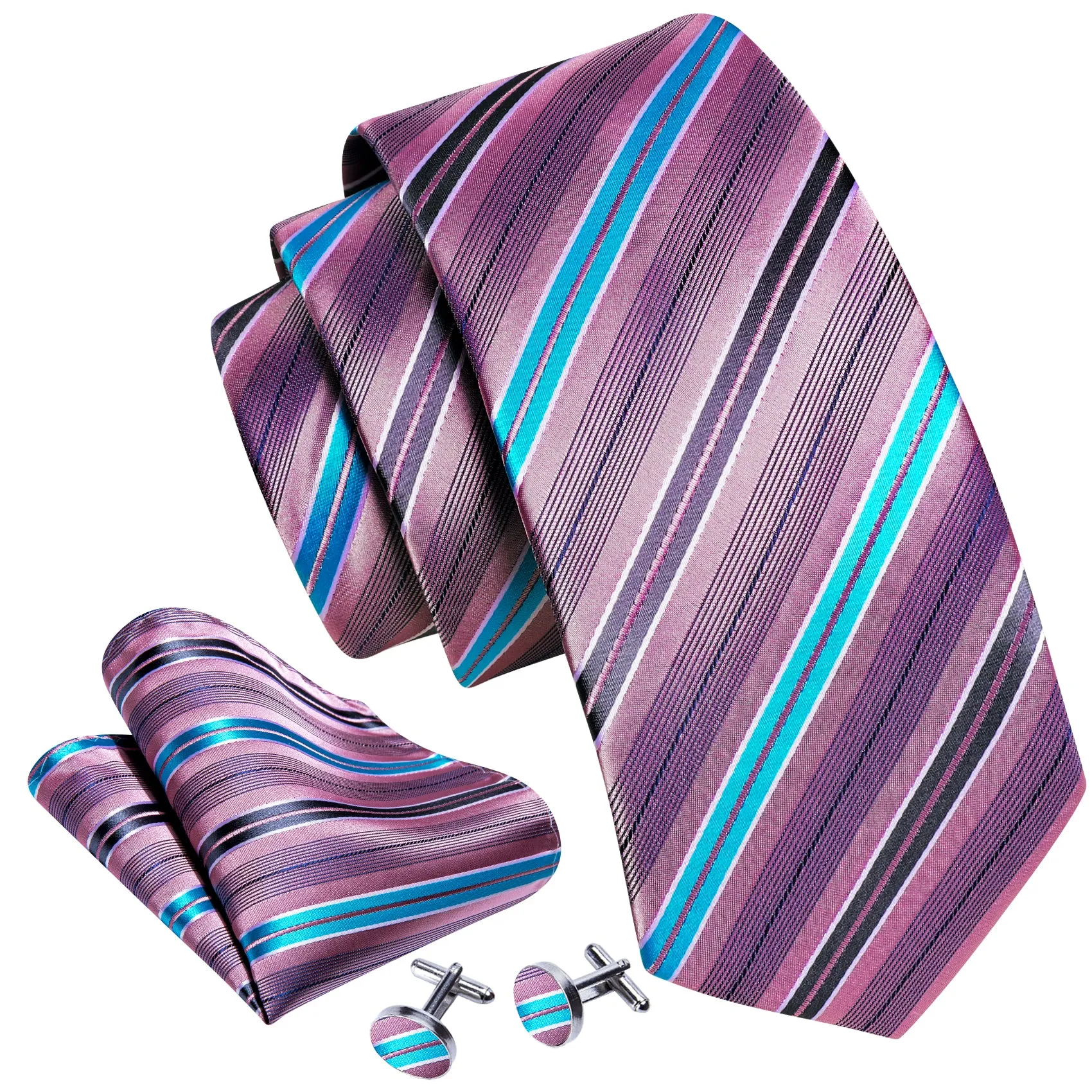 Barry Wang Pink Tie Blue Grey Stripes Silk Necktie Hanky Cufflinks Set sold by Barrywang product image thumbnail 4