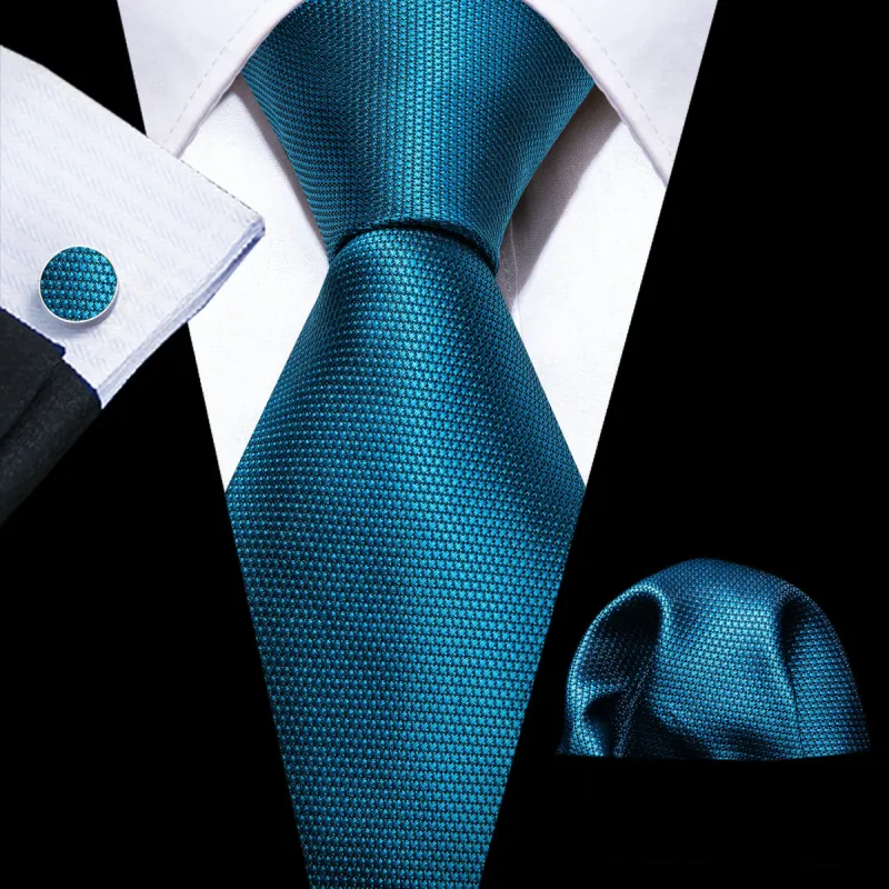 Barry Wang Sky Teal Blue Solid Silk Men Tie Handkerchief Cufflinks Set sold by Barrywang