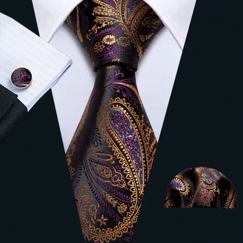 Barry.wang Paisley Tie Yellow Purple Silk Men's Tie Pocket Square Cufflinks Set sold by Barrywang