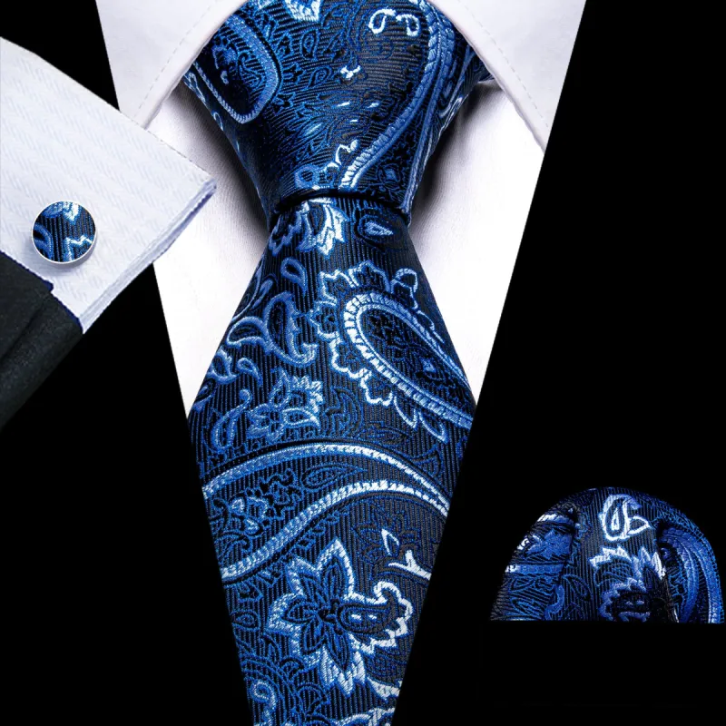 Barry Wang Beautiful Blue White Paisley Tie Pocket Square Cufflink Set sold by Barrywang