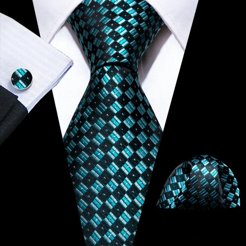 Barry Wang Blue Black Plaid Checkered Tie Handkerchief Cufflinks Set made by Barrywang