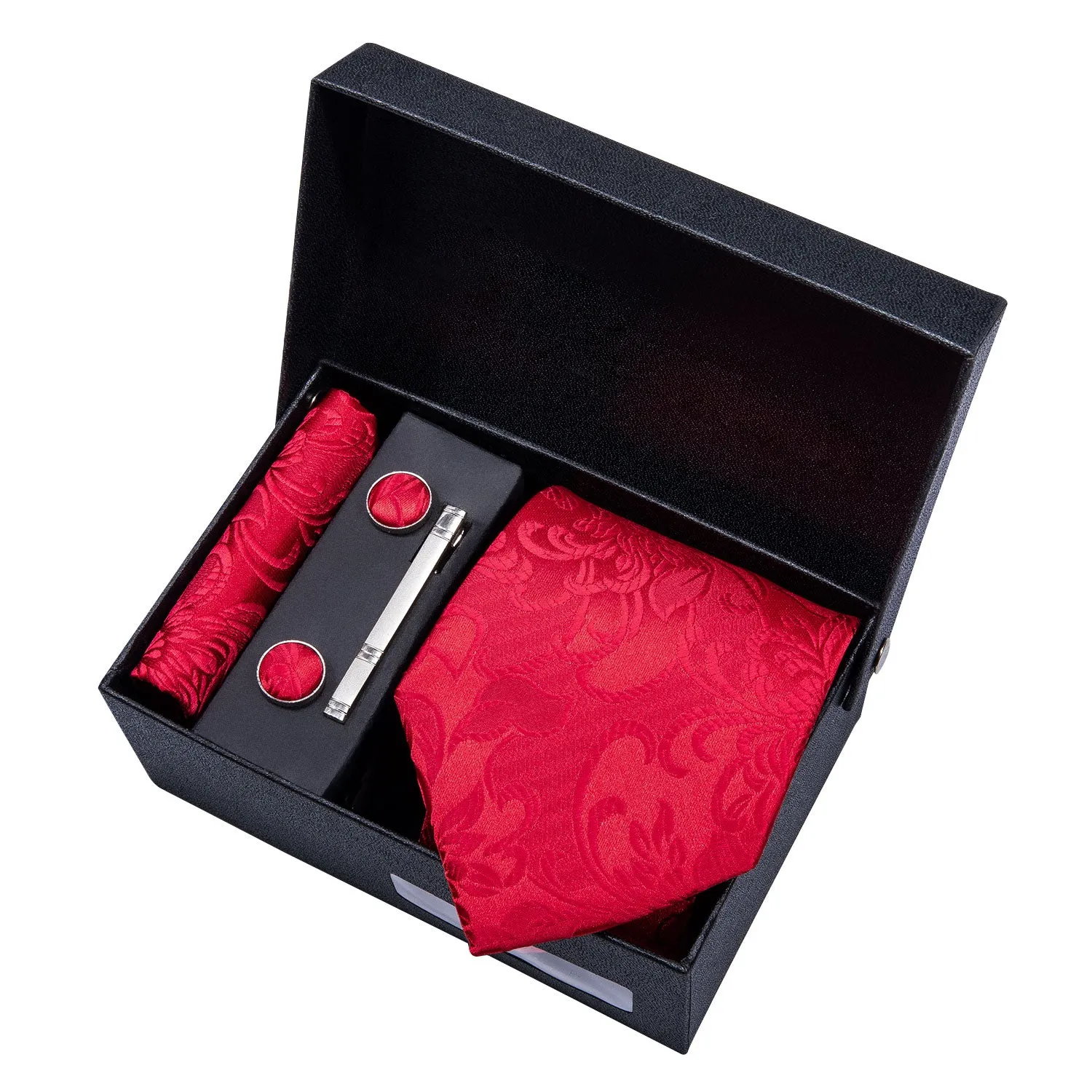 Barry. Wang Red Floral Necktie Pocket Square Cufflink Clip Gift Box Set sold by Barrywang