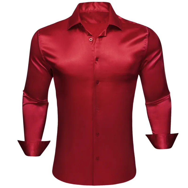 Barry.wang Dark Red Solid Silk Men's Long Sleeve Shirt sold by Barrywang