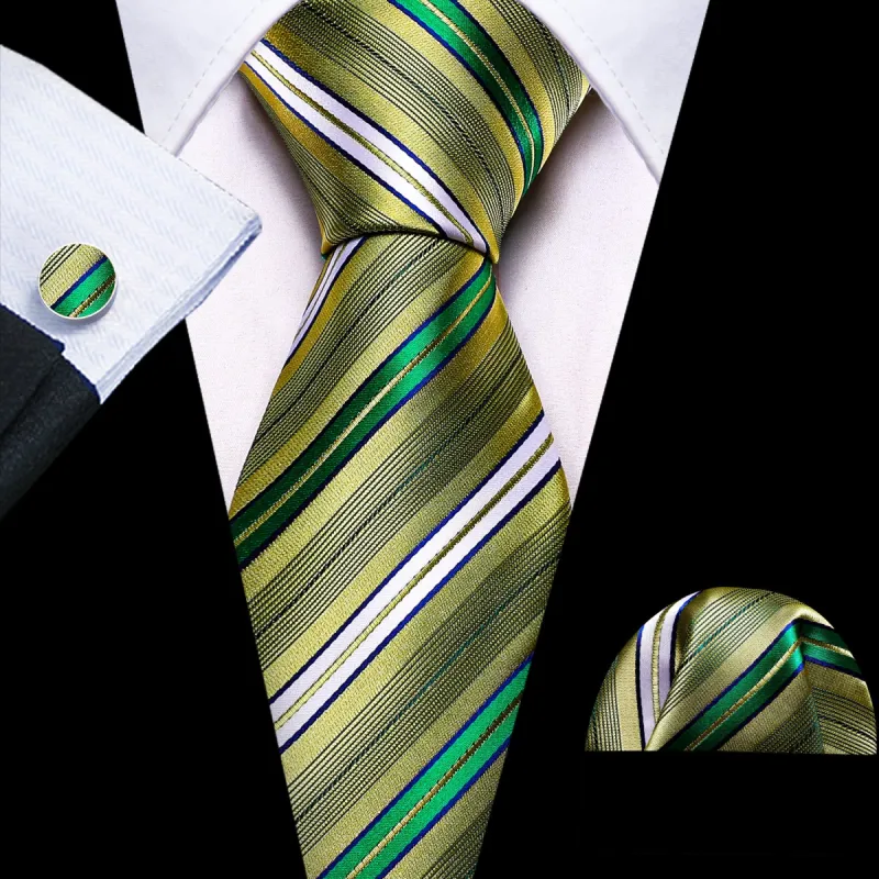 Barry. Wang Green Yellow Striped Silk Tie Handkerchief Cufflinks Set sold by Barrywang