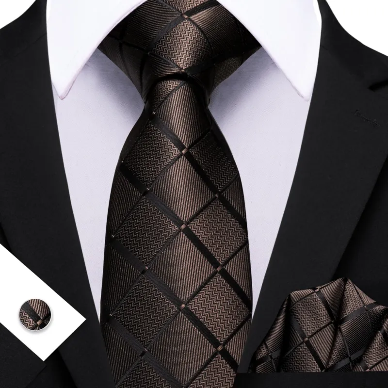 Barry. Wang Brown Plaid Tie Black Stripes Men's Business Set Formal sold by Barrywang