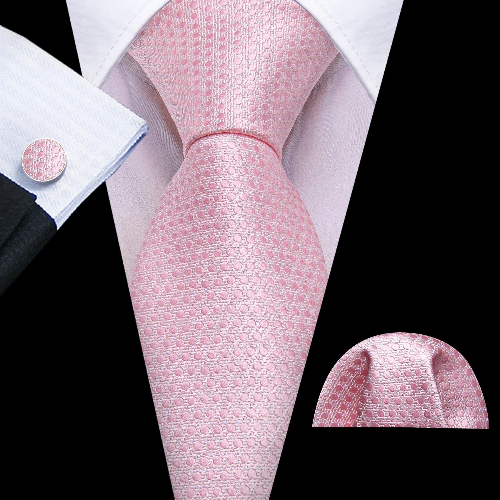Barry Wang Tie Pink Polka Dot Silk Necktie Pocket Square Cufflinks Set sold by Barrywang