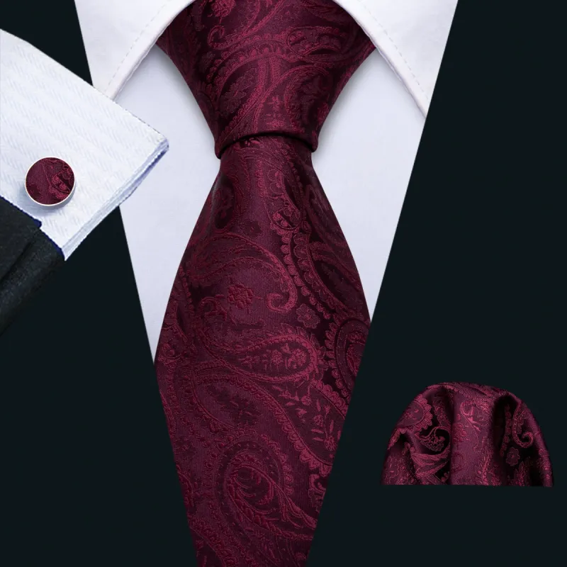 Barry Wang Burgundy Wine Paisley Neck Tie Pocket Square Cufflinks Set sold by Barrywang