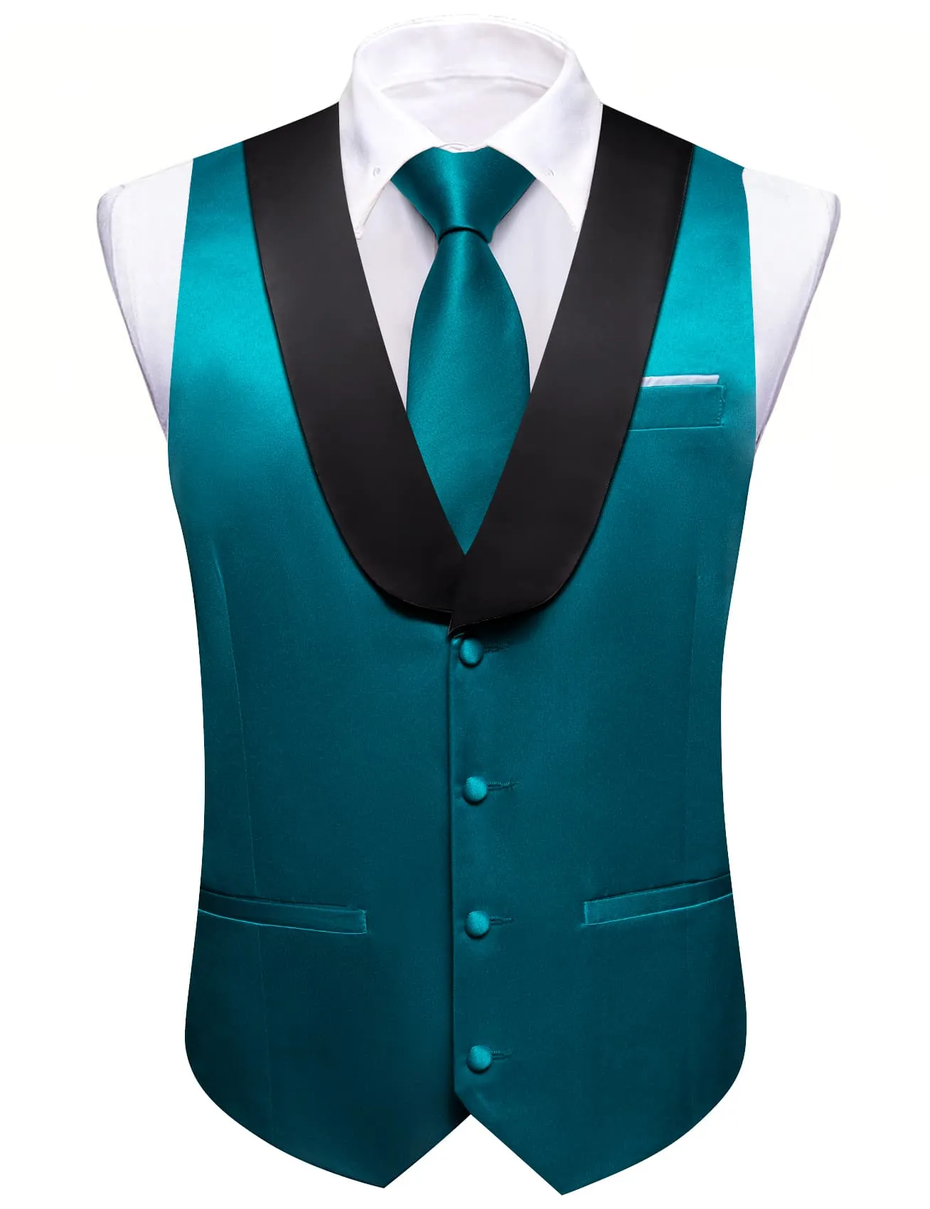 Barry Wang Teal Blue Black Shawl lapel Waistcoat Mens Vest Tie Set sold by Barrywang product image thumbnail 2