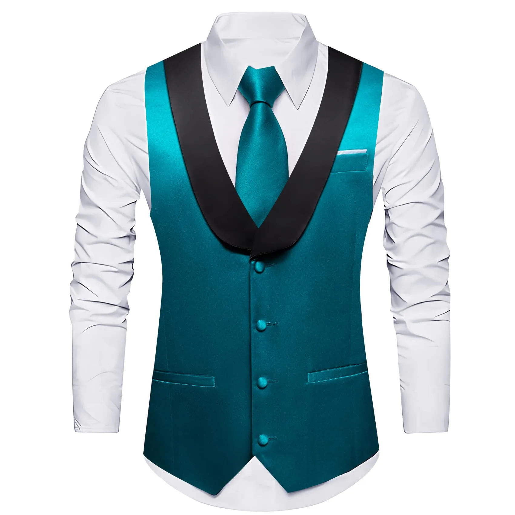 Barry Wang Teal Blue Black Shawl lapel Waistcoat Mens Vest Tie Set sold by Barrywang