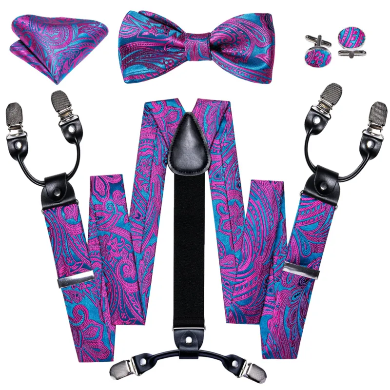 Barry Wang Blue Purple Paisley Y Back Adjustable Suspender Bow Tie Hanky Cufflinks Set sold by Barrywang