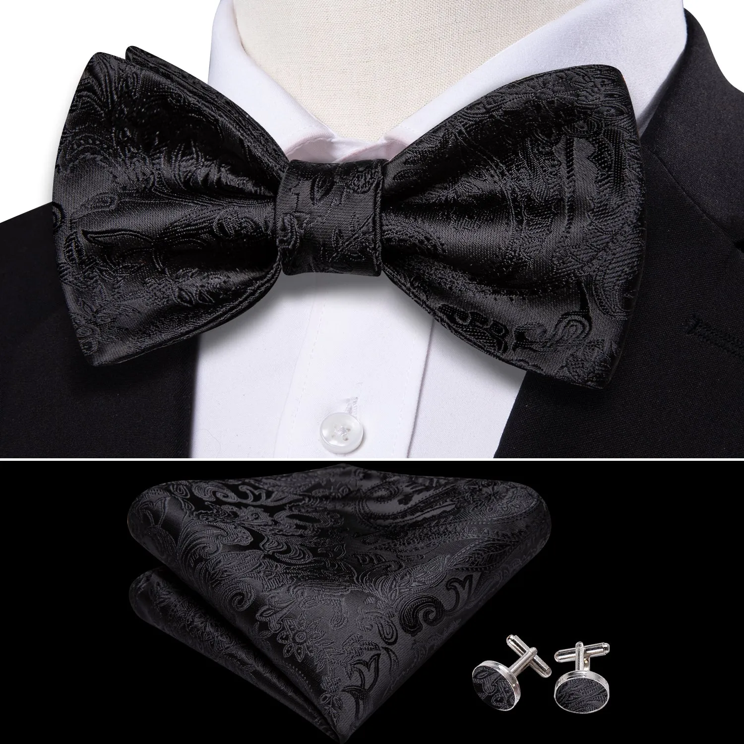Barry Wang Mens Black Tie Paisley Self Tie Bow Tie Hanky Cufflinks Set sold by Barrywang