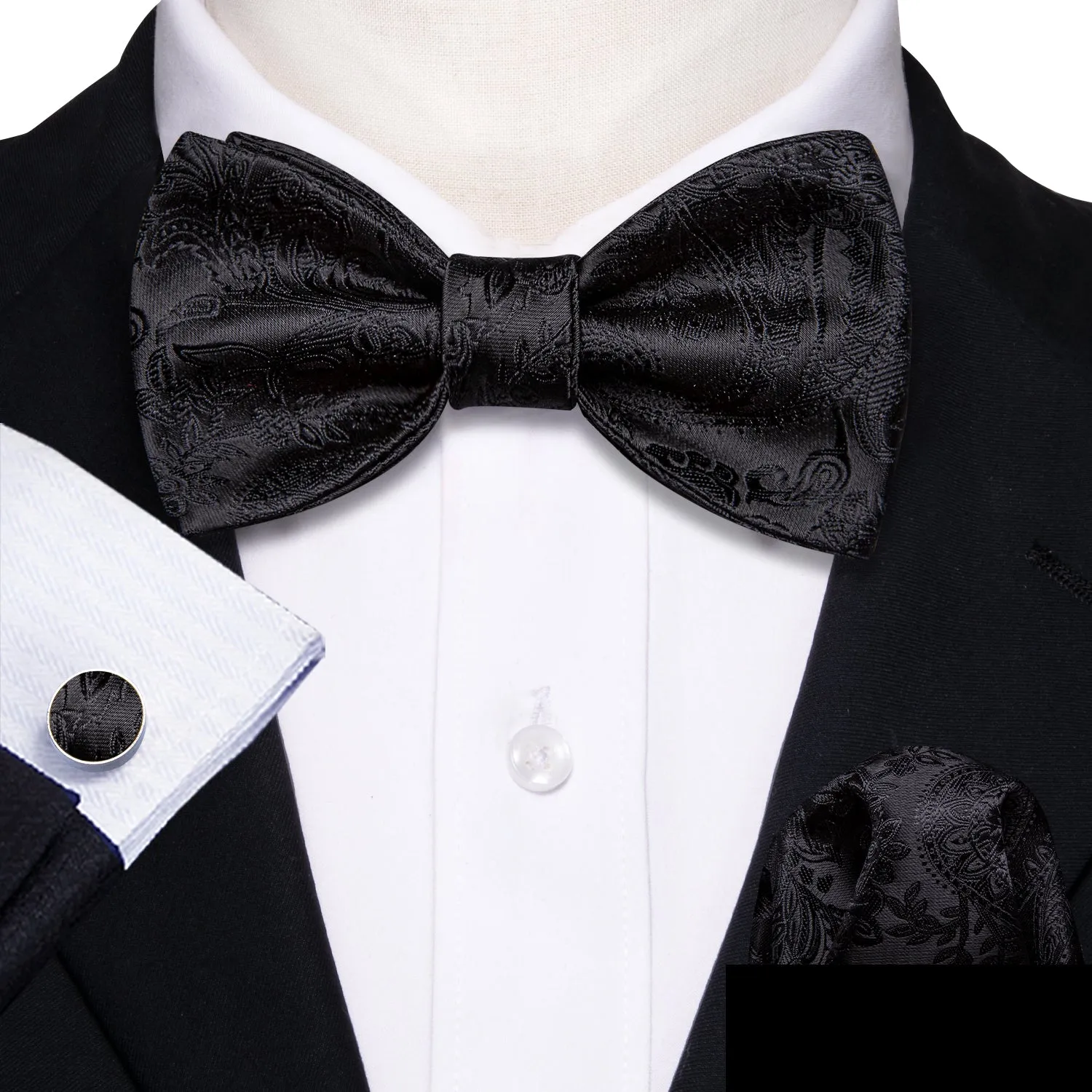 Barry Wang Mens Black Tie Paisley Self Tie Bow Tie Hanky Cufflinks Set sold by Barrywang product image thumbnail 3