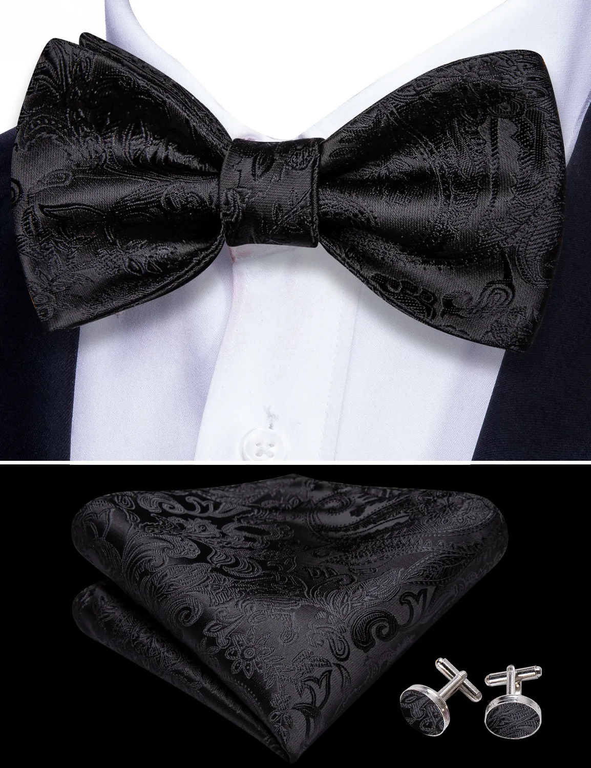 Barry Wang Mens Black Tie Paisley Self Tie Bow Tie Hanky Cufflinks Set sold by Barrywang product image thumbnail 4