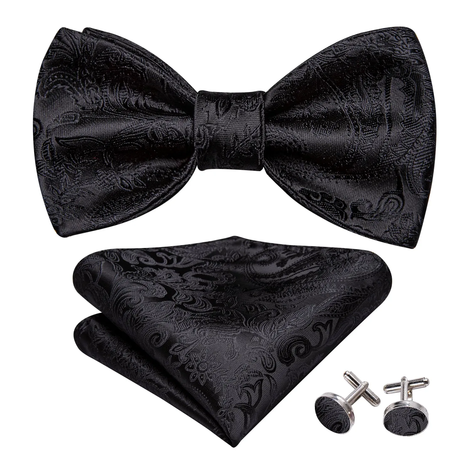 Barry Wang Mens Black Tie Paisley Self Tie Bow Tie Hanky Cufflinks Set sold by Barrywang product image thumbnail 2