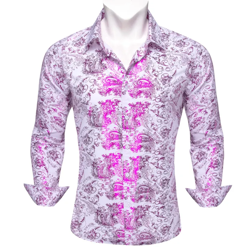Barry Wang White Shirt Pink Pattern Men's Novelty Long Sleeve Shirt sold by Barrywang