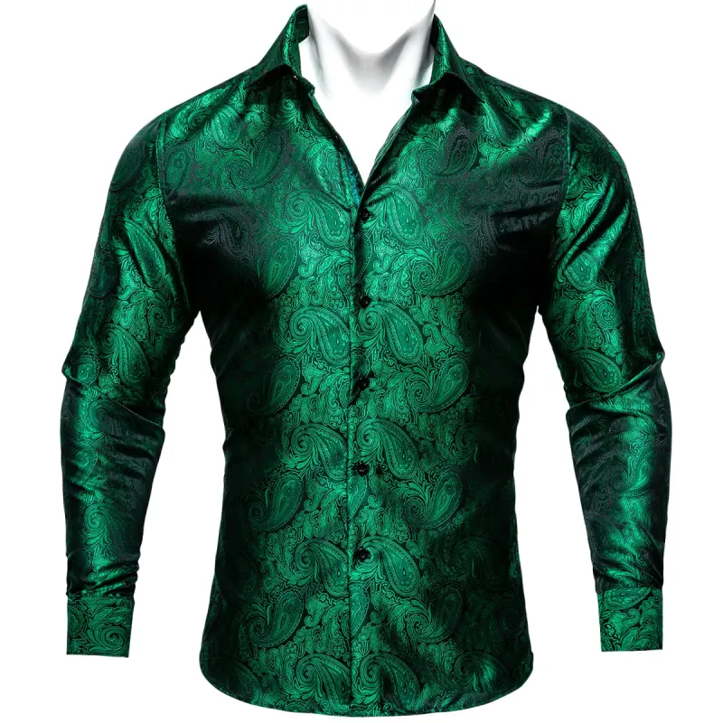 Barry Wang Button Down Shirt Men's Green Paisley Silk Wedding Shirt sold by Barrywang