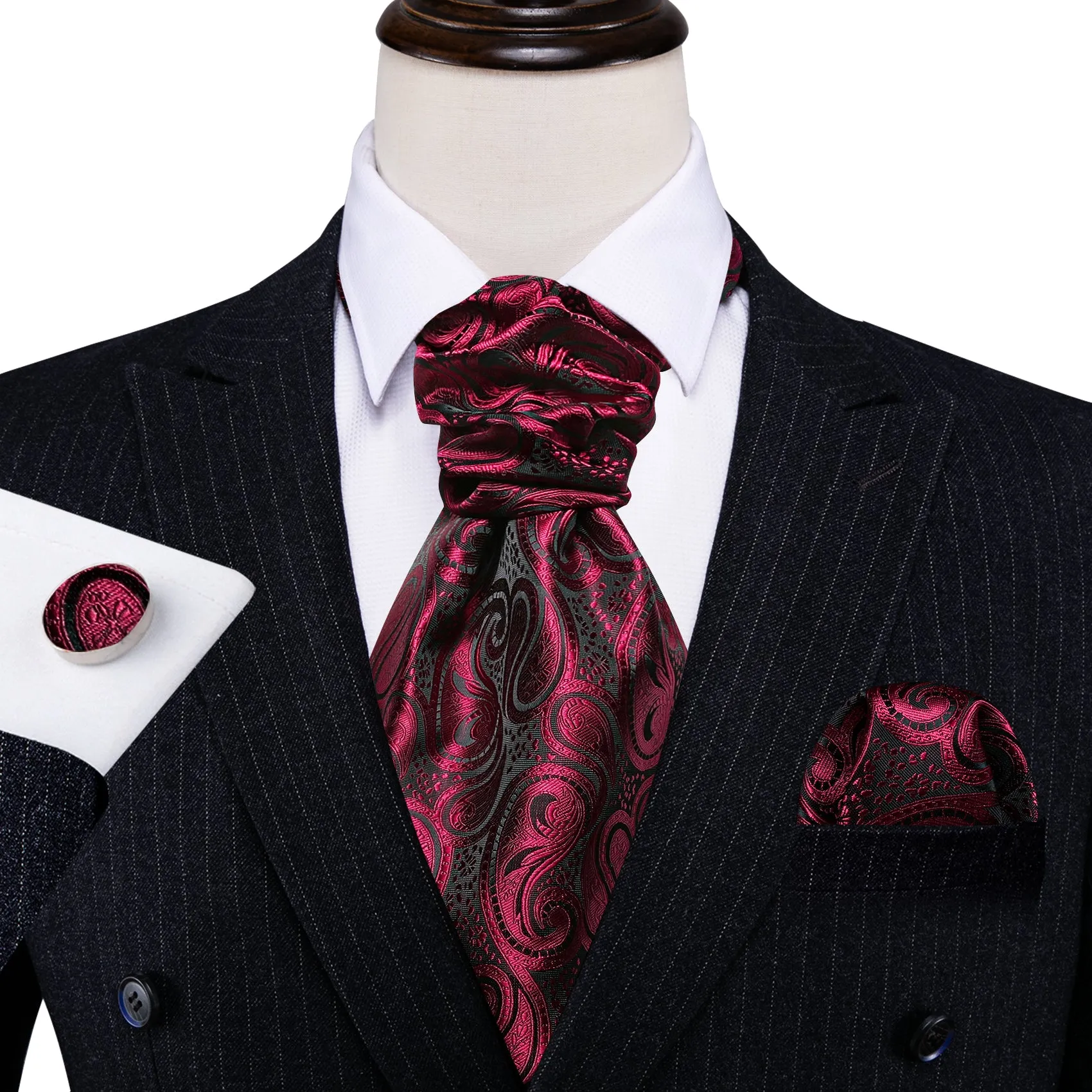 Burgundy Red Paisley Ascot Handkerchief Cufflinks Set sold by Barrywang product image thumbnail 4