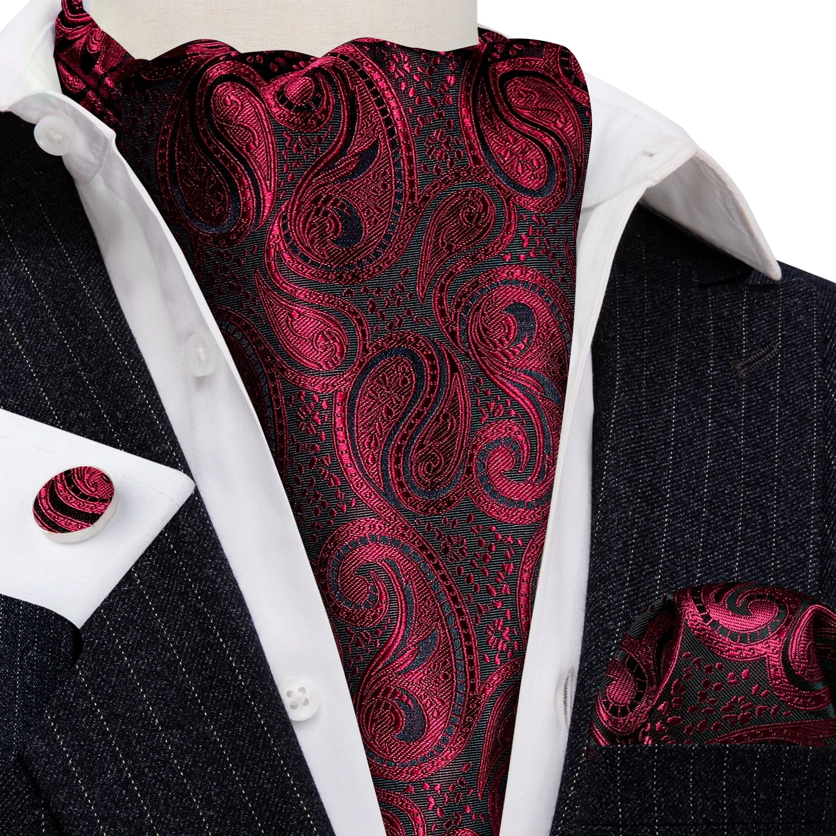 Burgundy Red Paisley Ascot Handkerchief Cufflinks Set sold by Barrywang product image thumbnail 3