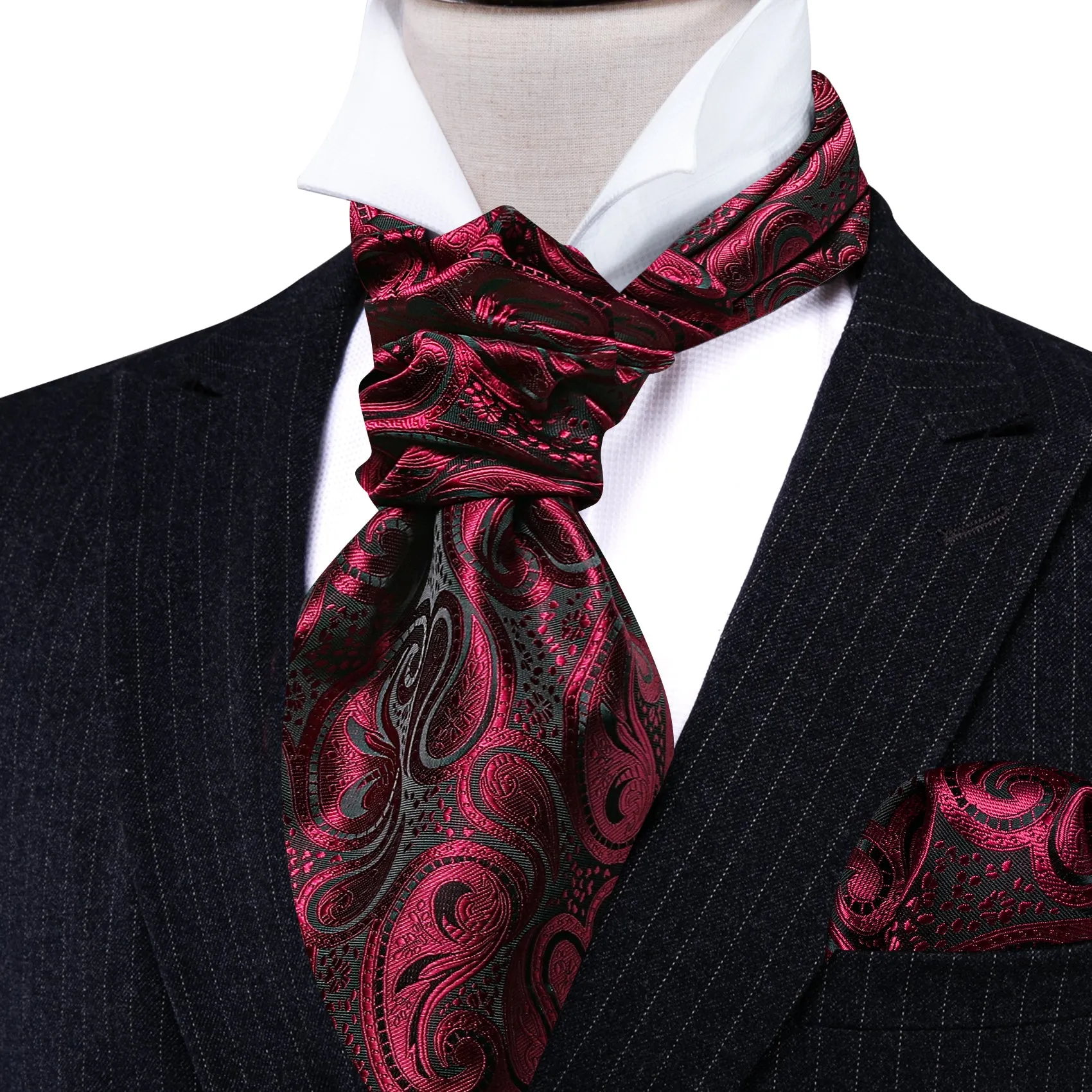 Burgundy Red Paisley Ascot Handkerchief Cufflinks Set sold by Barrywang