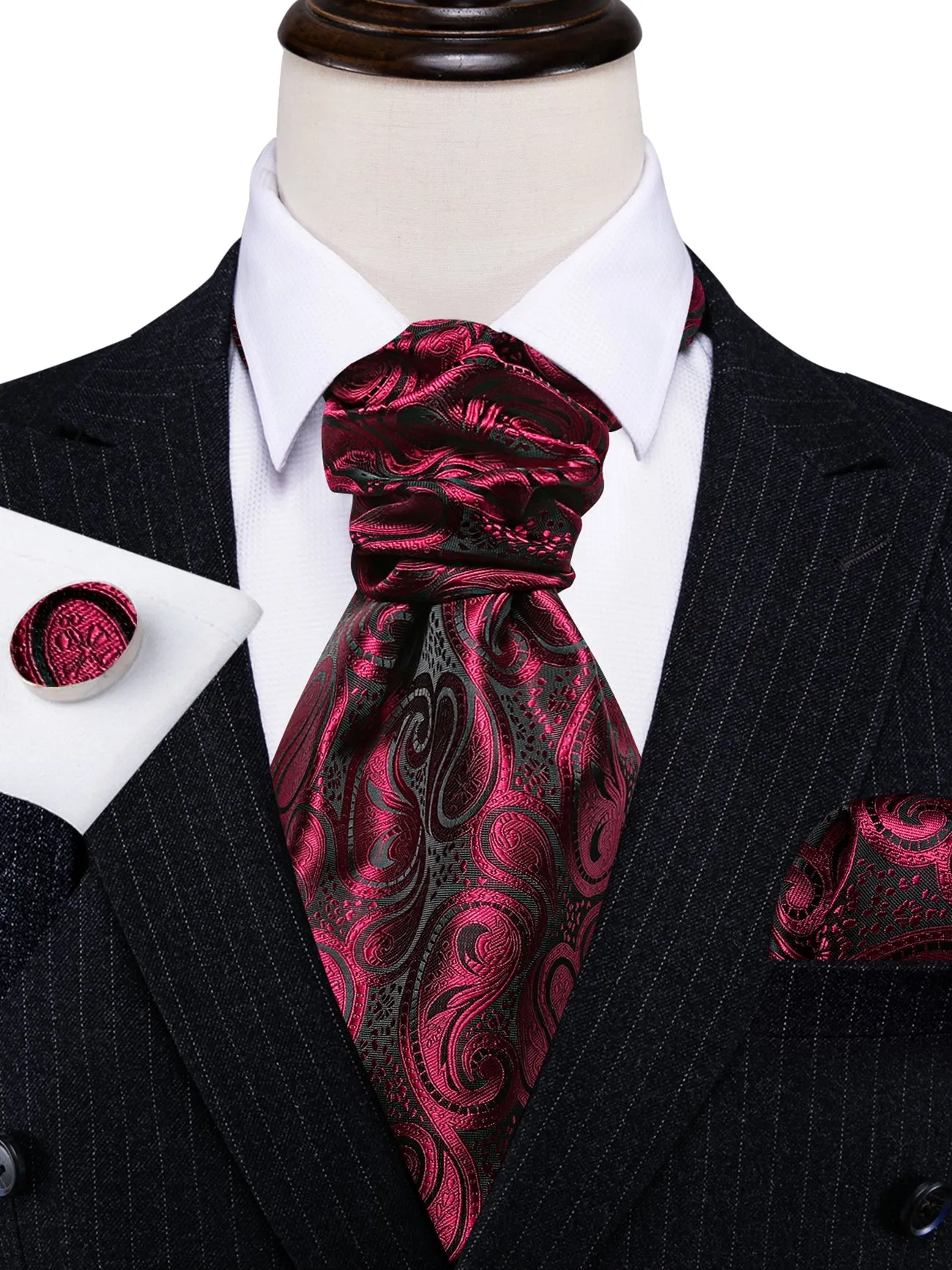 Burgundy Red Paisley Ascot Handkerchief Cufflinks Set sold by Barrywang product image thumbnail 5