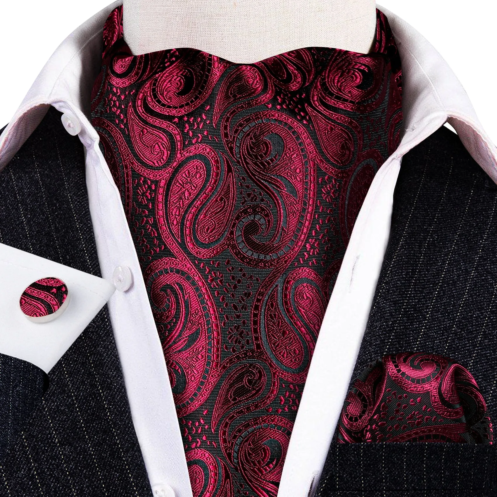 Burgundy Red Paisley Ascot Handkerchief Cufflinks Set sold by Barrywang product image thumbnail 2