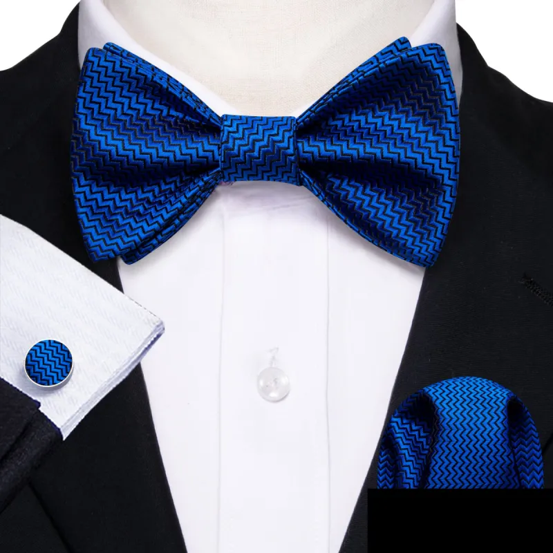 Navy Blue Striped Silk Bow Tie Hanky Cufflinks Set sold by Barrywang