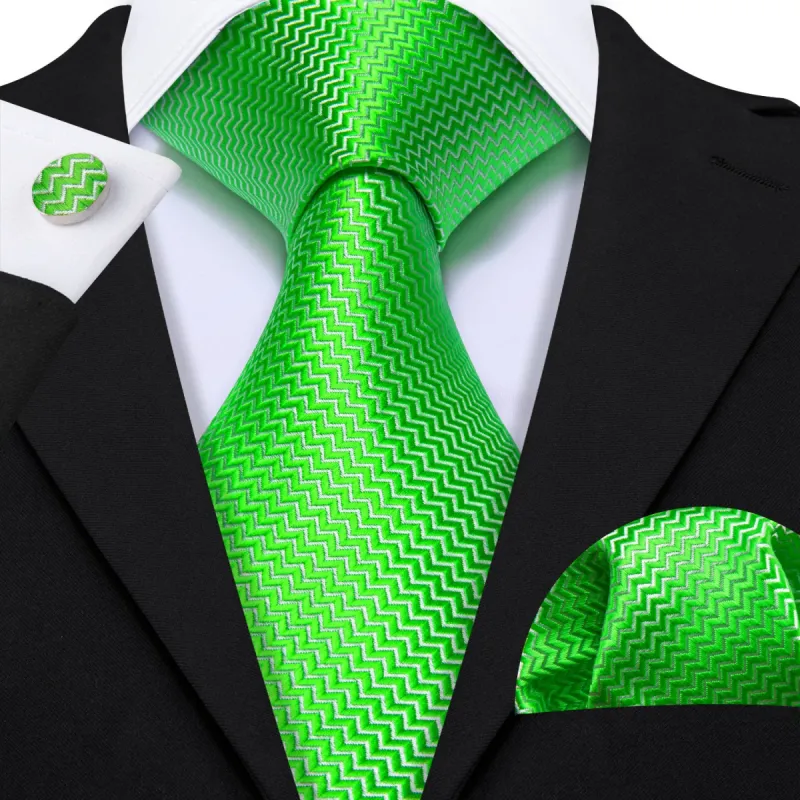 Barry Wang Extra Long Tie Green Curve Silk 63 Inches Tie Hanky Cufflinks Set sold by Barrywang