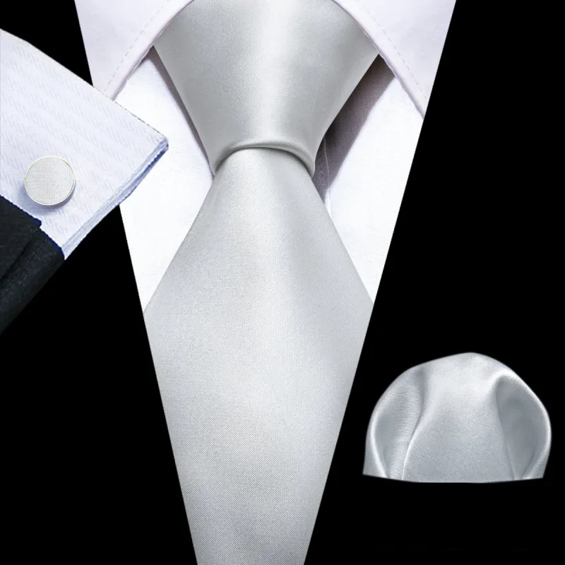 Barry Wang White Necktie Silver White Solid Tie Hanky Cufflinks Set sold by Barrywang