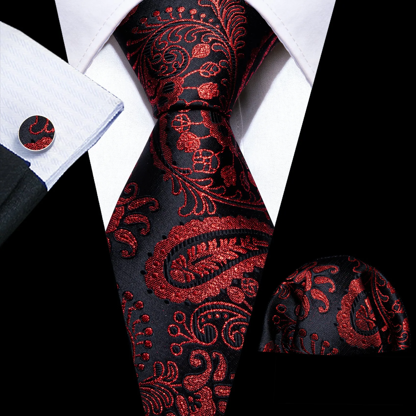 Barry Wang Red Black Paisley Silk Necktie Handkerchief Cufflinks Set sold by Barrywang
