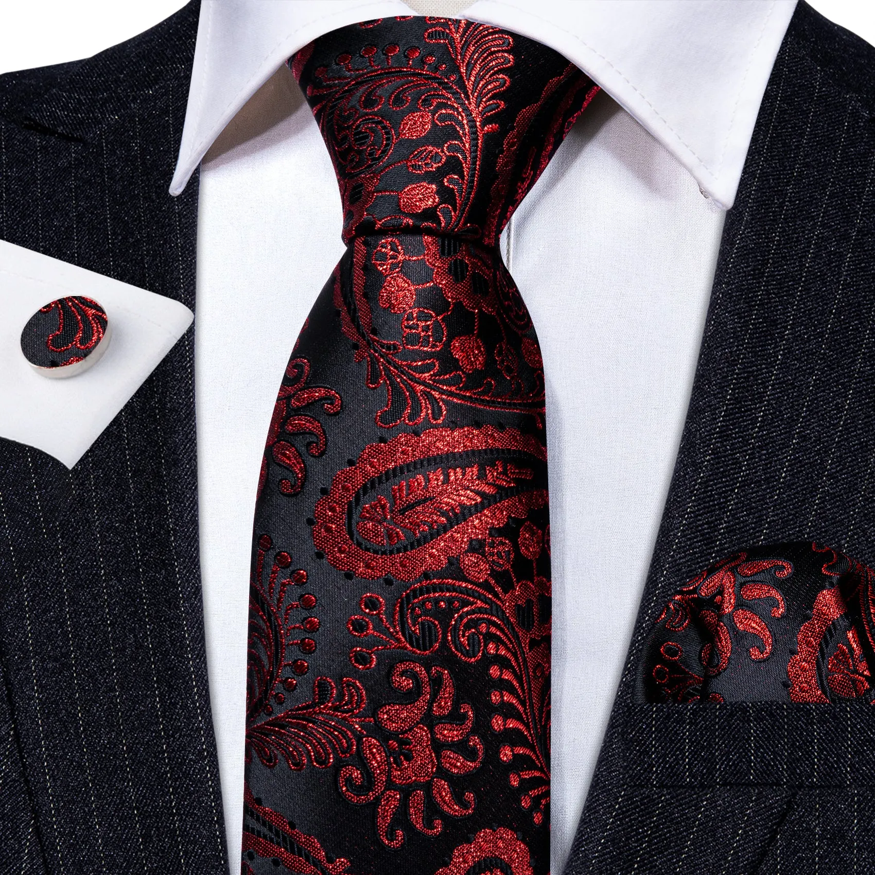 Barry Wang Red Black Paisley Silk Necktie Handkerchief Cufflinks Set sold by Barrywang product image thumbnail 2