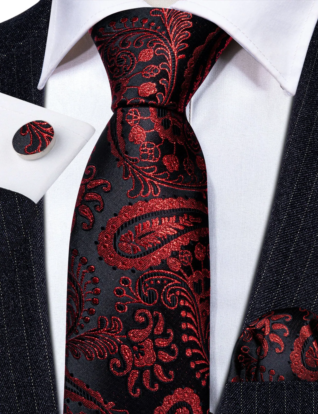 Barry Wang Red Black Paisley Silk Necktie Handkerchief Cufflinks Set sold by Barrywang product image thumbnail 5