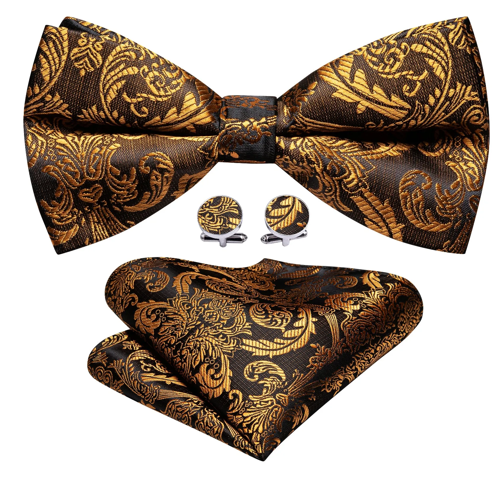 Barry. Wang Gold Tie Black Paisley Pre-tied Bow Tie Hanky Cufflinks Set sold by Barrywang product image thumbnail 4