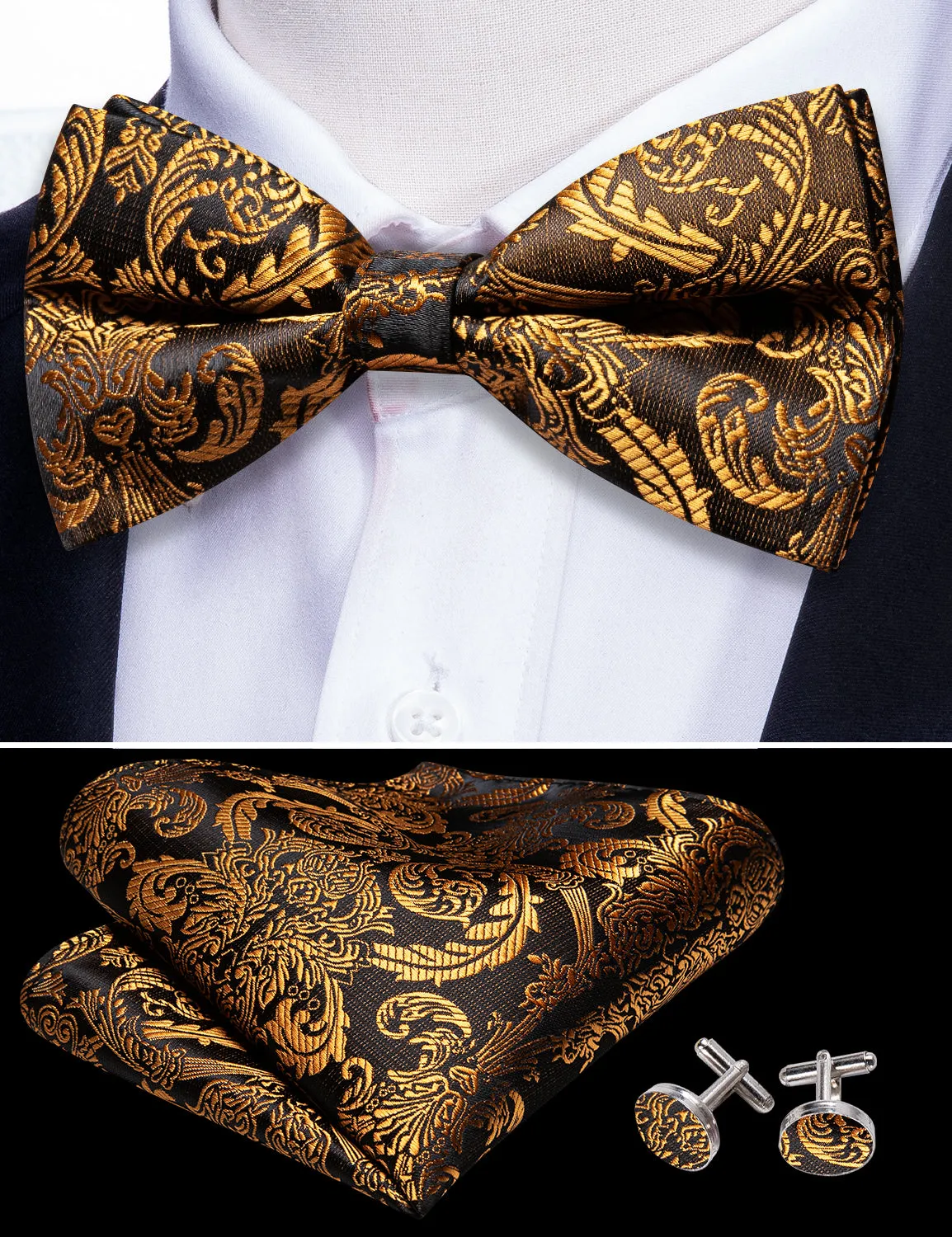 Barry. Wang Gold Tie Black Paisley Pre-tied Bow Tie Hanky Cufflinks Set sold by Barrywang product image thumbnail 3