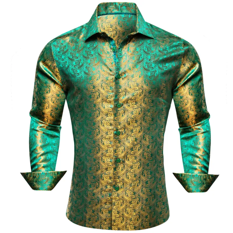 Barry. Wang Long Sleeve Shirt Green Gold Paisley Silk Men's Shirt sold by Barrywang