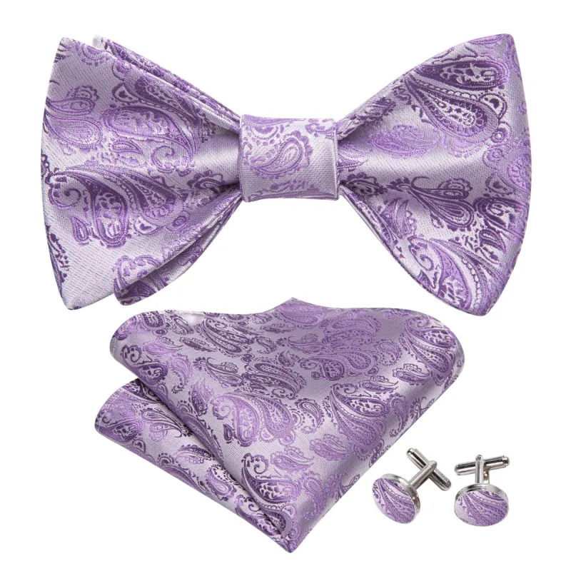 Purple Silver Paisley Silk Bow Tie Hanky Cufflinks Set made by Barrywang