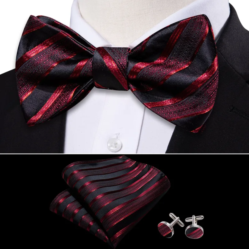 Claret Red Black Striped Silk Self Bow Tie Hanky Cufflinks Set sold by Barrywang