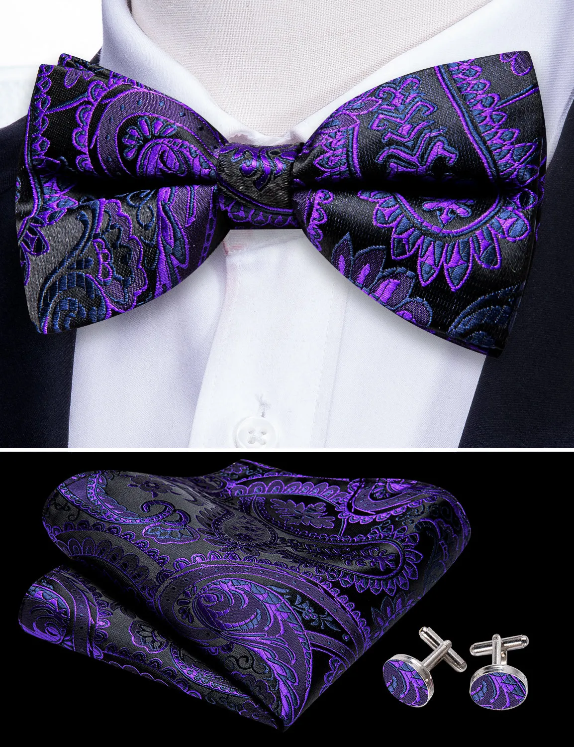 Purple Black Paisley Bow Tie Hanky Cufflinks Set sold by Barrywang product image thumbnail 4