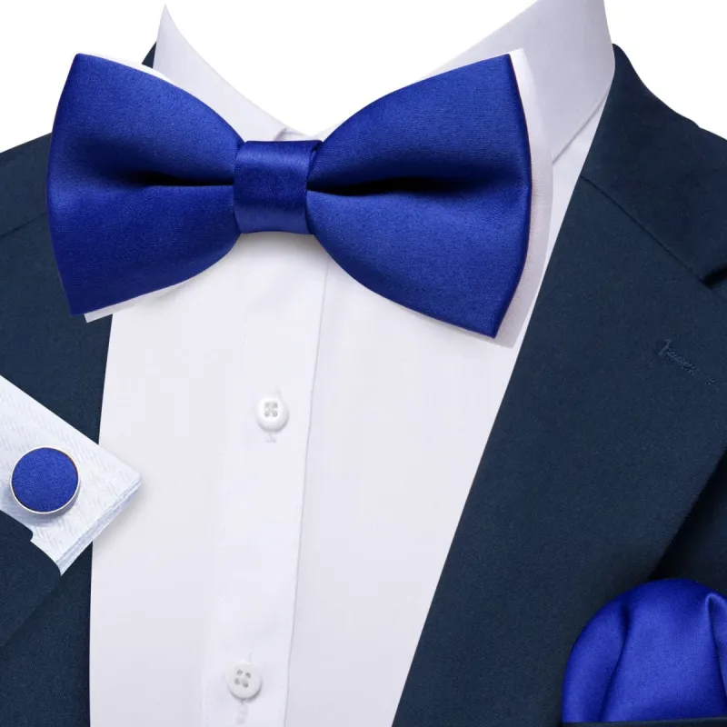 Barry Wang Silk Pre-Tied Mens Blue Solid Bow Tie Hanky Cufflinks Set sold by Barrywang