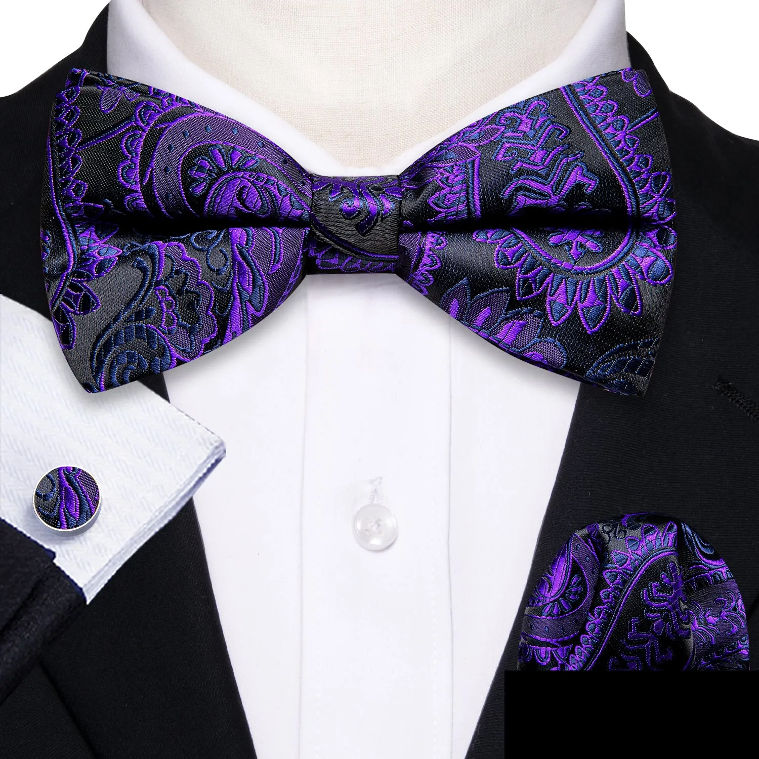 Purple Black Paisley Bow Tie Hanky Cufflinks Set sold by Barrywang