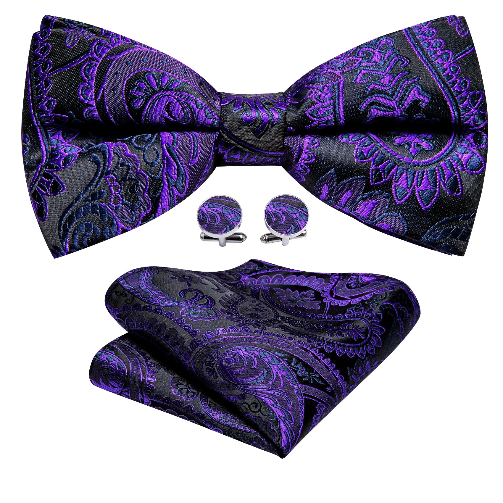 Purple Black Paisley Bow Tie Hanky Cufflinks Set sold by Barrywang product image thumbnail 5