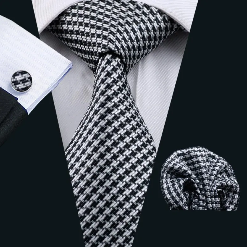 Barry.Wang Black Tie White Houndstooth Plaid Tie Pocket Square Cufflinks Set Classic sold by Barrywang