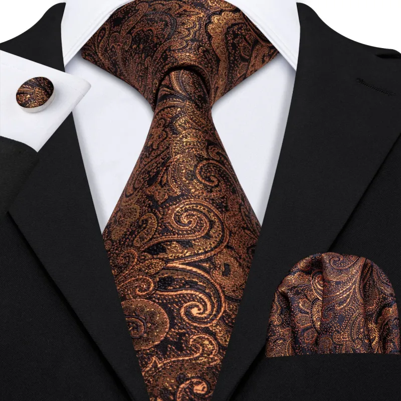 Barry. Wang Brown Jacquard Paisley Men's Necktie Hanky Cufflinks Set sold by Barrywang