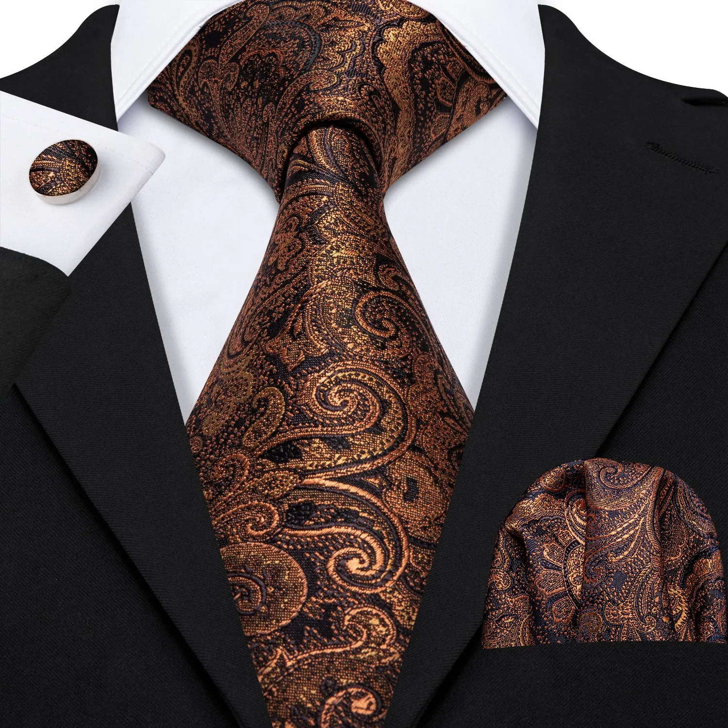 Barry. Wang Brown Jacquard Paisley Men's Necktie Hanky Cufflinks Set sold by Barrywang