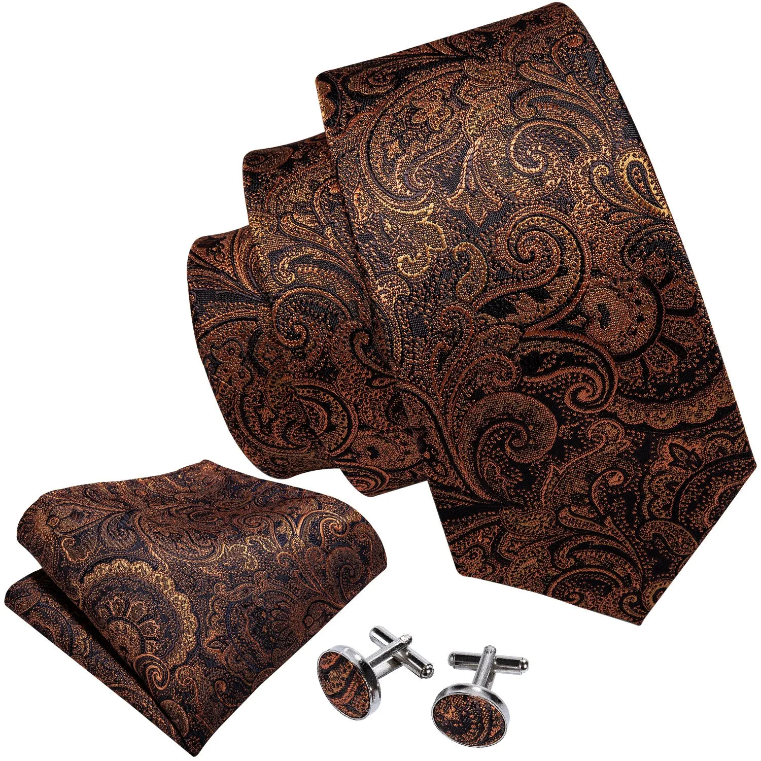 Barry. Wang Brown Jacquard Paisley Men's Necktie Hanky Cufflinks Set sold by Barrywang product image thumbnail 5