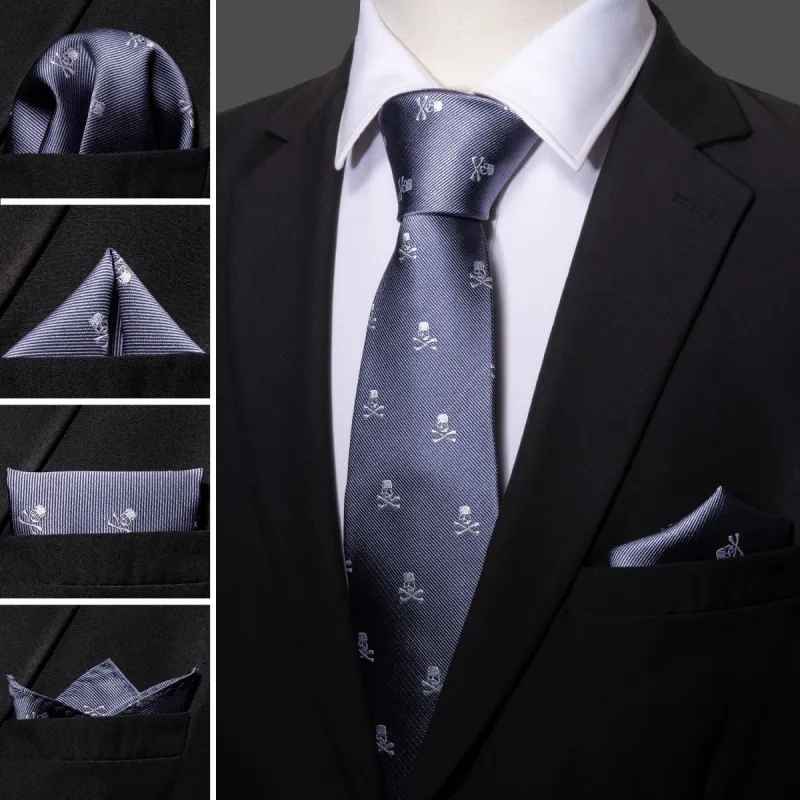 Barry Wang Light Midnight Blue Skull Tie Novelty Hanky Cufflinks Set sold by Barrywang