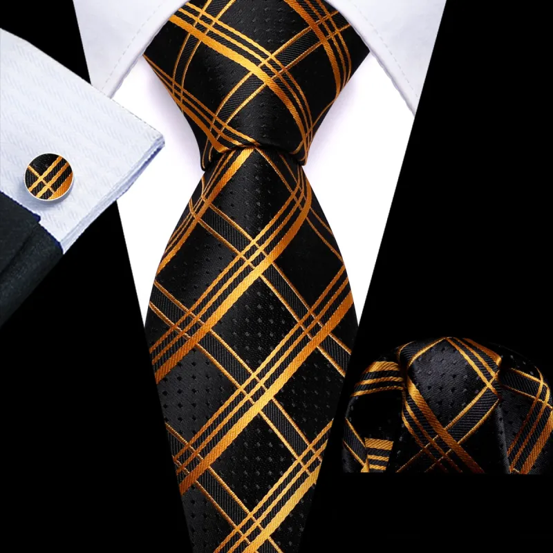 Barry. Wang Black Gold Plaid Tie Black Dots Necktie Men's Tie Set sold by Barrywang