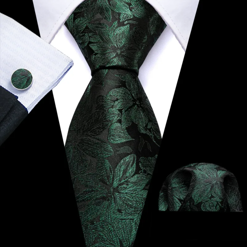 Barry Wang Black Tie Green Flower Silk Tie Pocket Square Cufflinks Set made by Barrywang