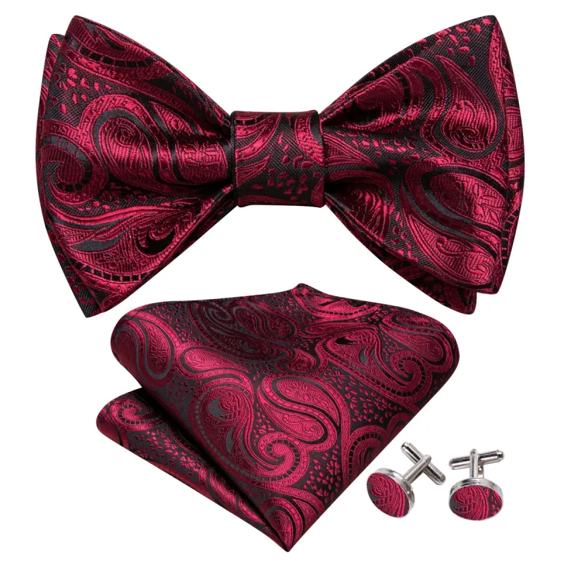 Barry Wang Black Red Paisley Self Tie Bow Tie Hanky Cufflinks Set sold by Barrywang