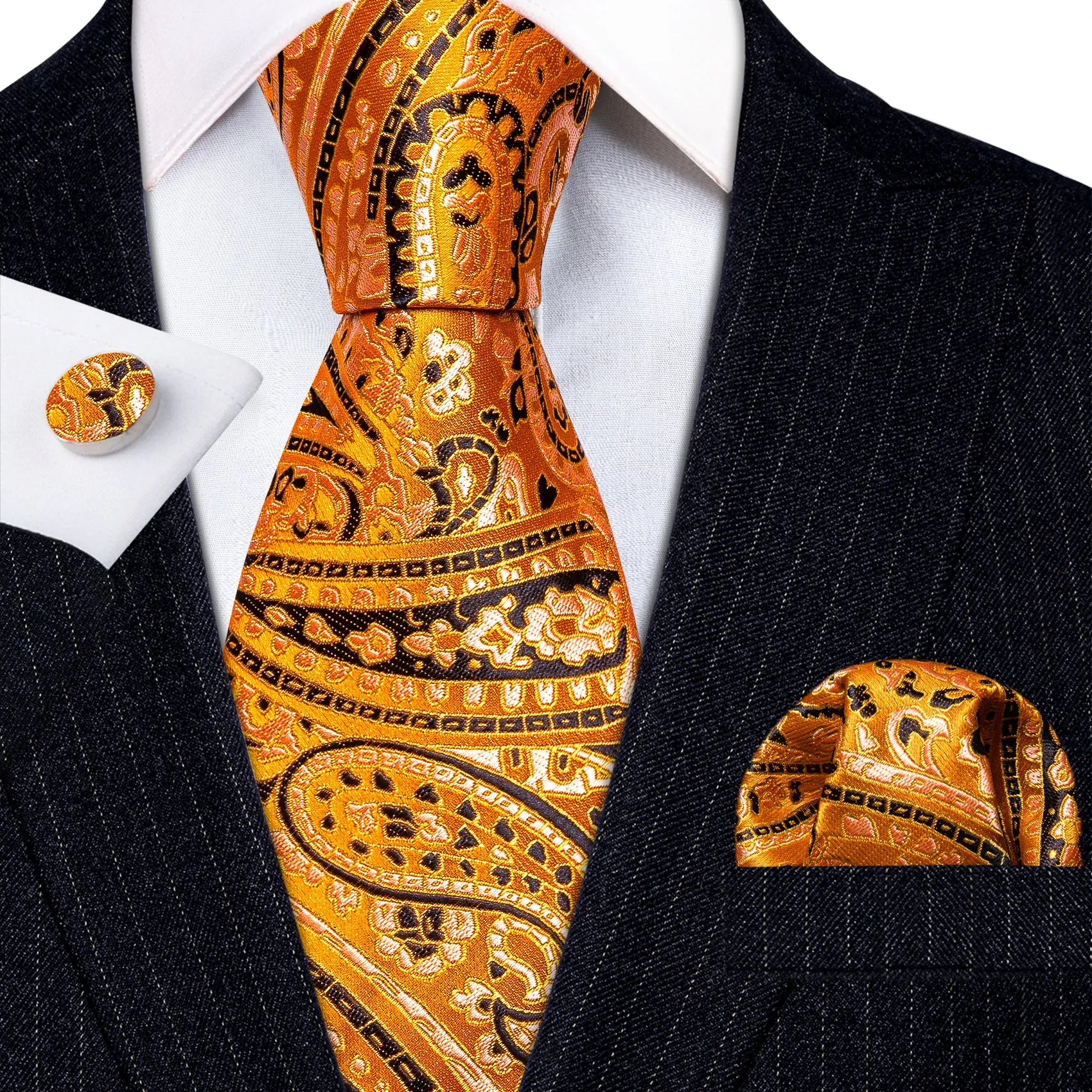 Barry Wang Gold Orange Tie Black Paisley Men's Tie Hanky Cufflinks Set sold by Barrywang product image thumbnail 3